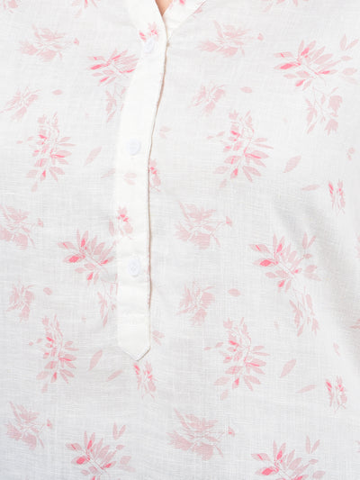 Peach Floral Print V-Neck Linen Top-Women Tops-Crimsoune Club