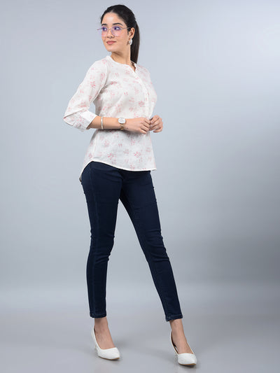 Peach Floral Print V-Neck Linen Top-Women Tops-Crimsoune Club