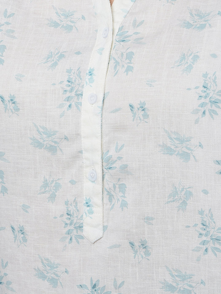 Green Floral Print V-Neck Linen Top-Women Tops-Crimsoune Club