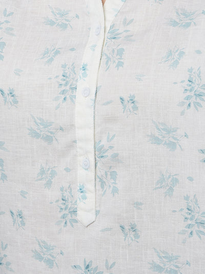 Green Floral Print V-Neck Linen Top-Women Tops-Crimsoune Club