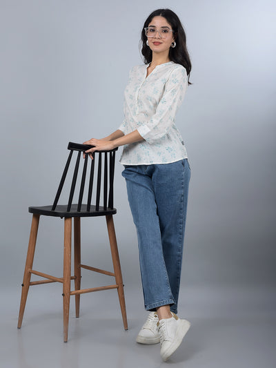 Green Floral Print V-Neck Linen Top-Women Tops-Crimsoune Club