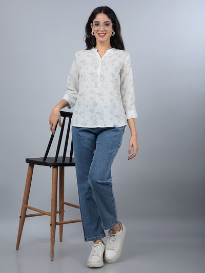 Green Floral Print V-Neck Linen Top-Women Tops-Crimsoune Club