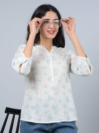 Green Floral Print V-Neck Linen Top-Women Tops-Crimsoune Club