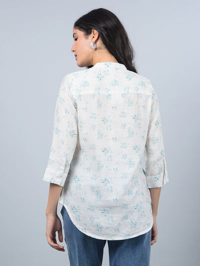 Green Floral Print V-Neck Linen Top-Women Tops-Crimsoune Club