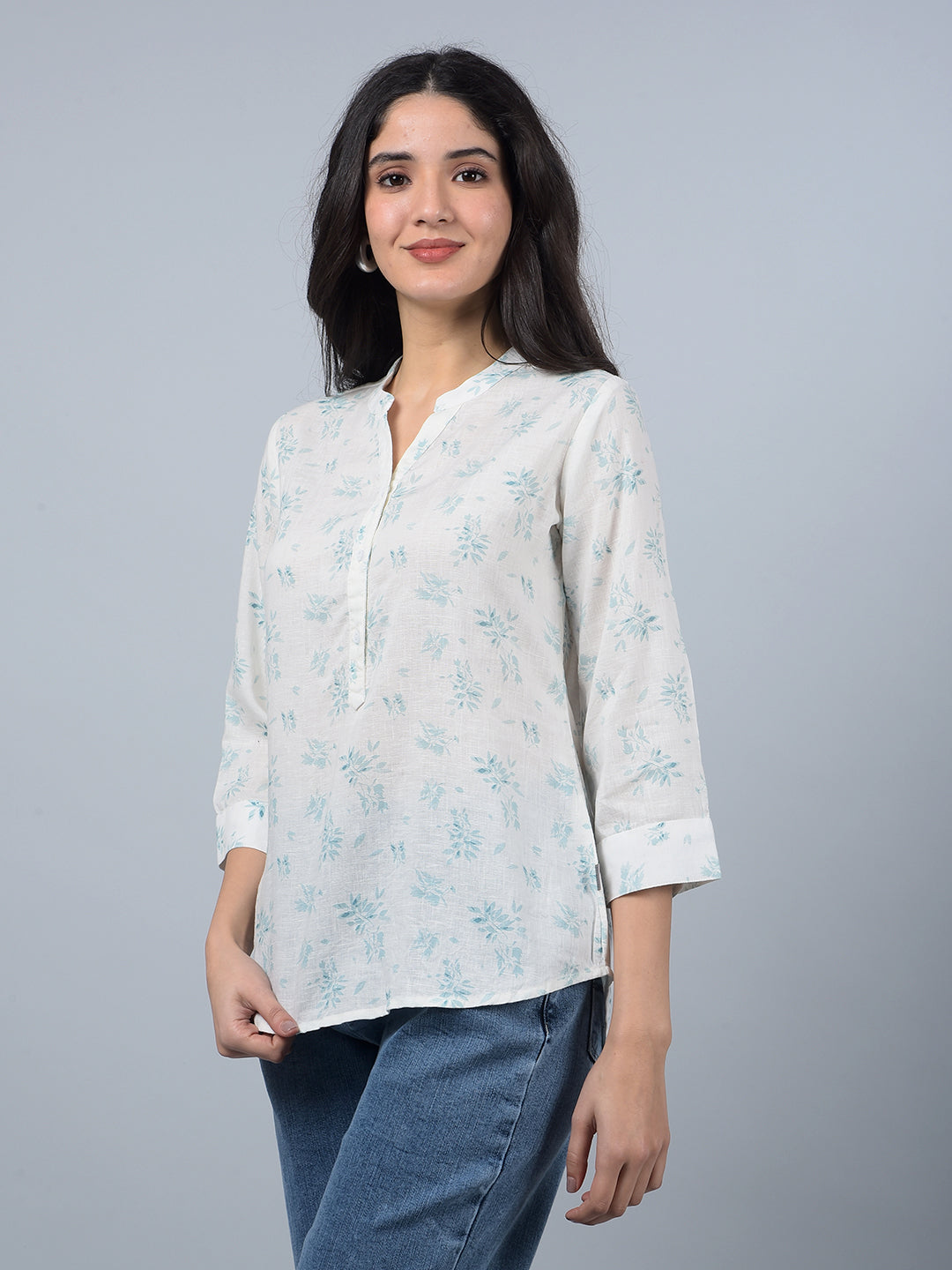 Green Floral Print V-Neck Linen Top-Women Tops-Crimsoune Club