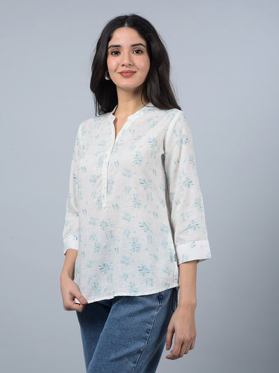 Green Floral Print V-Neck Linen Top-Women Tops-Crimsoune Club