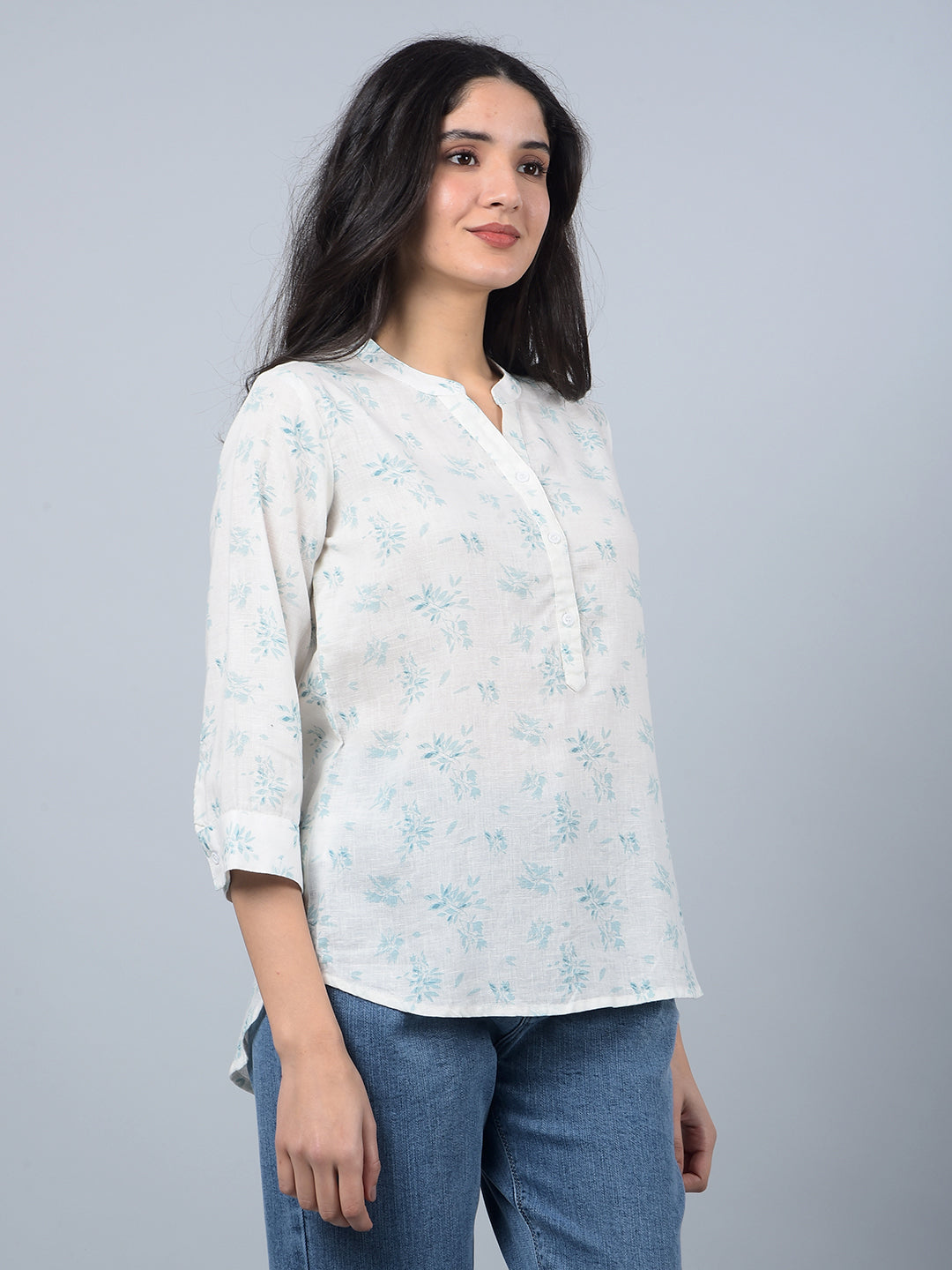 Green Floral Print V-Neck Linen Top-Women Tops-Crimsoune Club