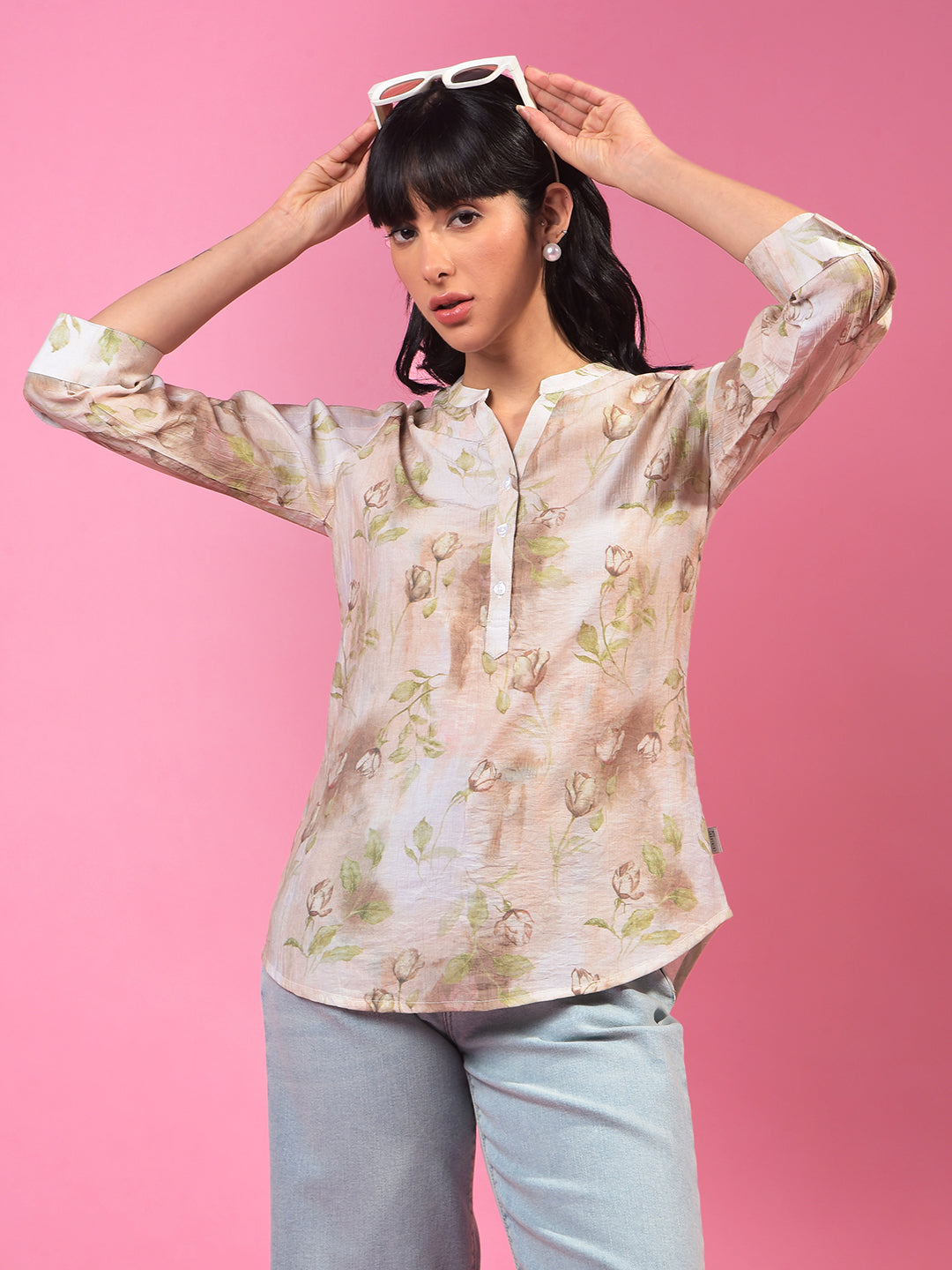 Brown Floral Print V-Neck 3/4th Sleeves Top-Women Tops-Crimsoune Club