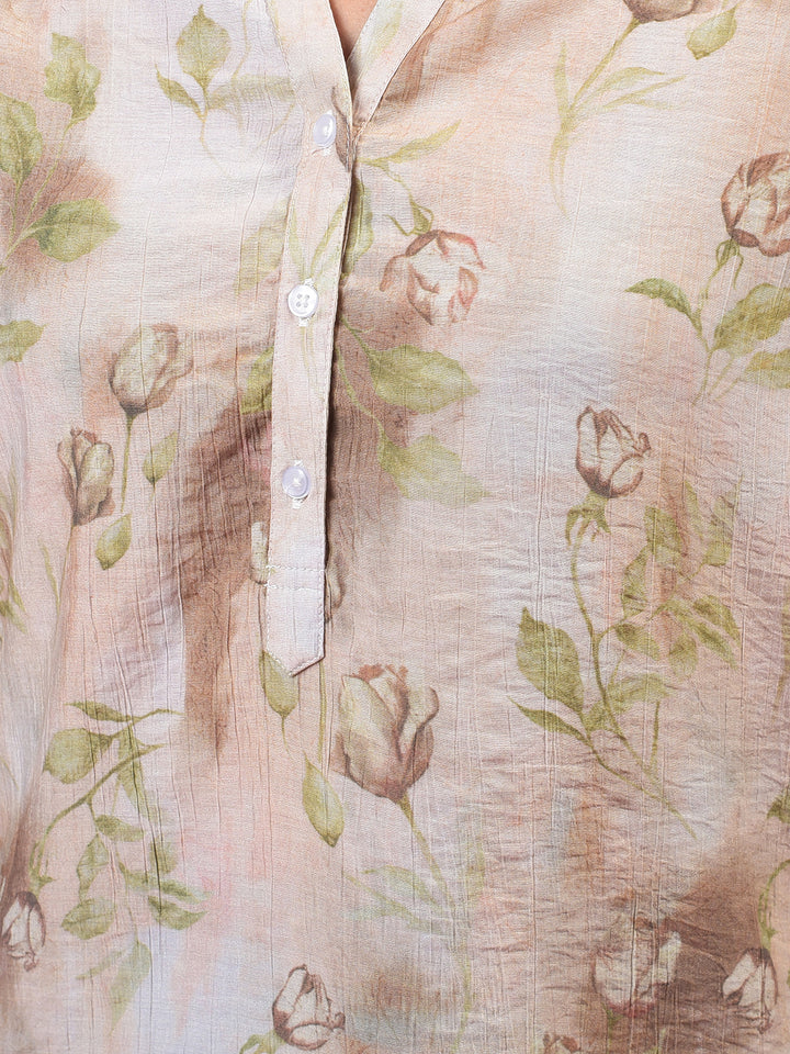 Brown Floral Print V-Neck 3/4th Sleeves Top-Women Tops-Crimsoune Club