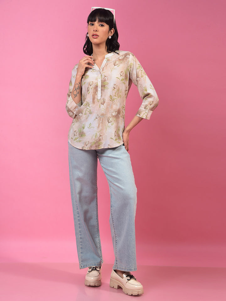 Brown Floral Print V-Neck 3/4th Sleeves Top-Women Tops-Crimsoune Club