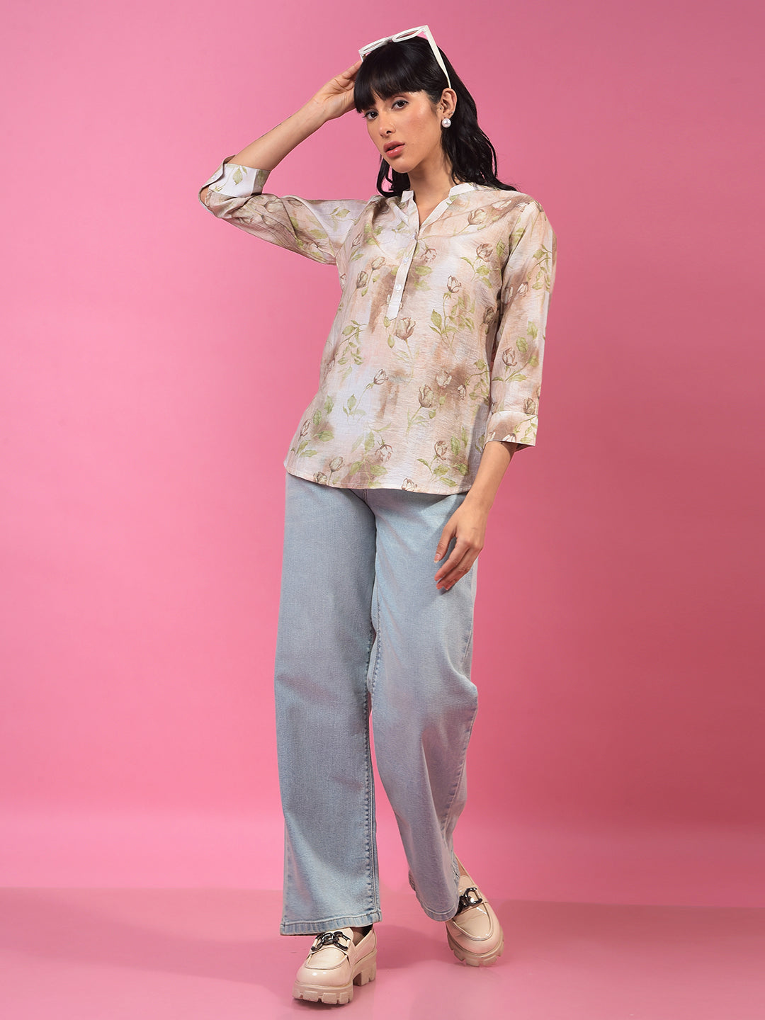 Brown Floral Print V-Neck 3/4th Sleeves Top-Women Tops-Crimsoune Club