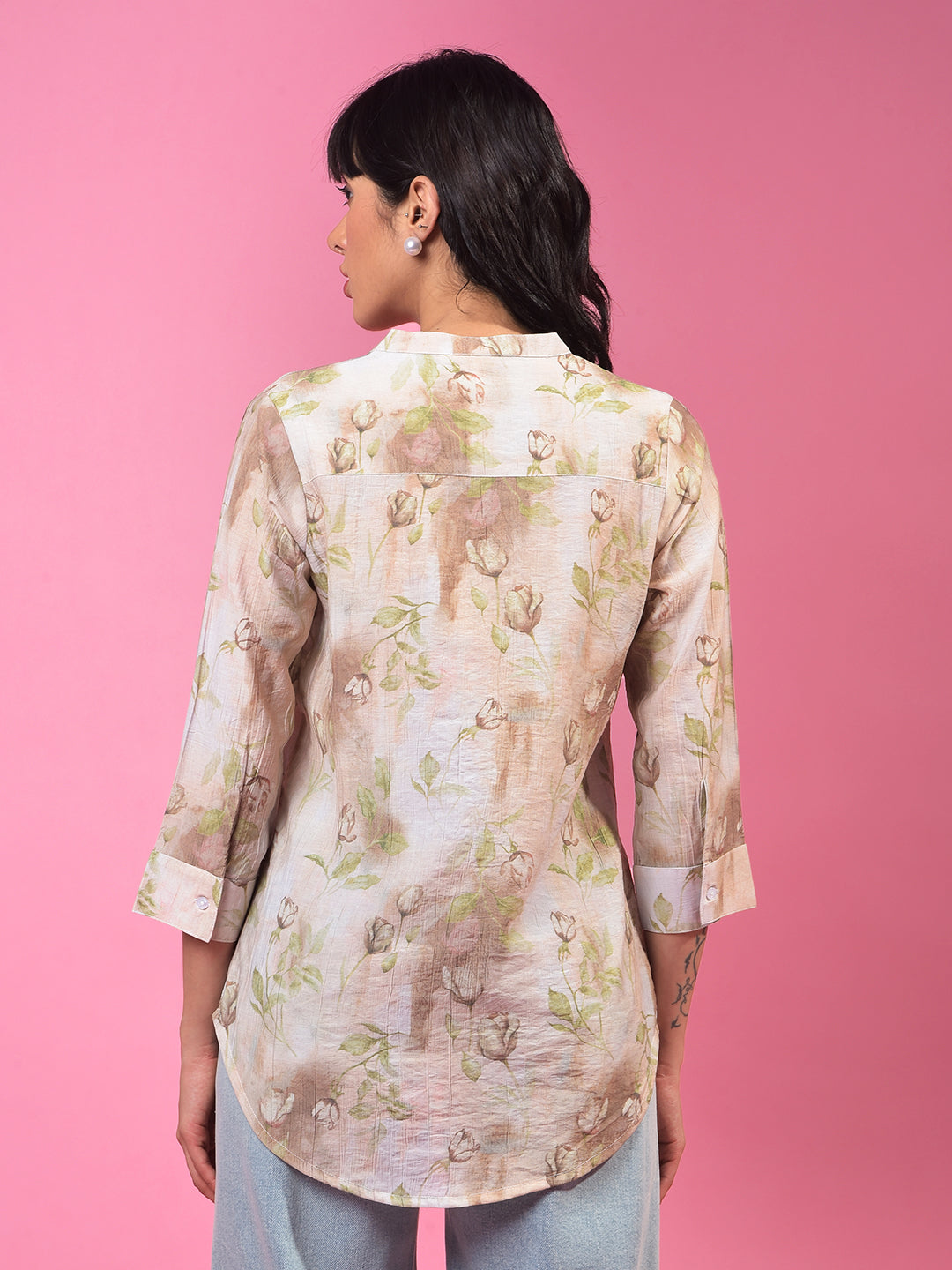 Brown Floral Print V-Neck 3/4th Sleeves Top-Women Tops-Crimsoune Club