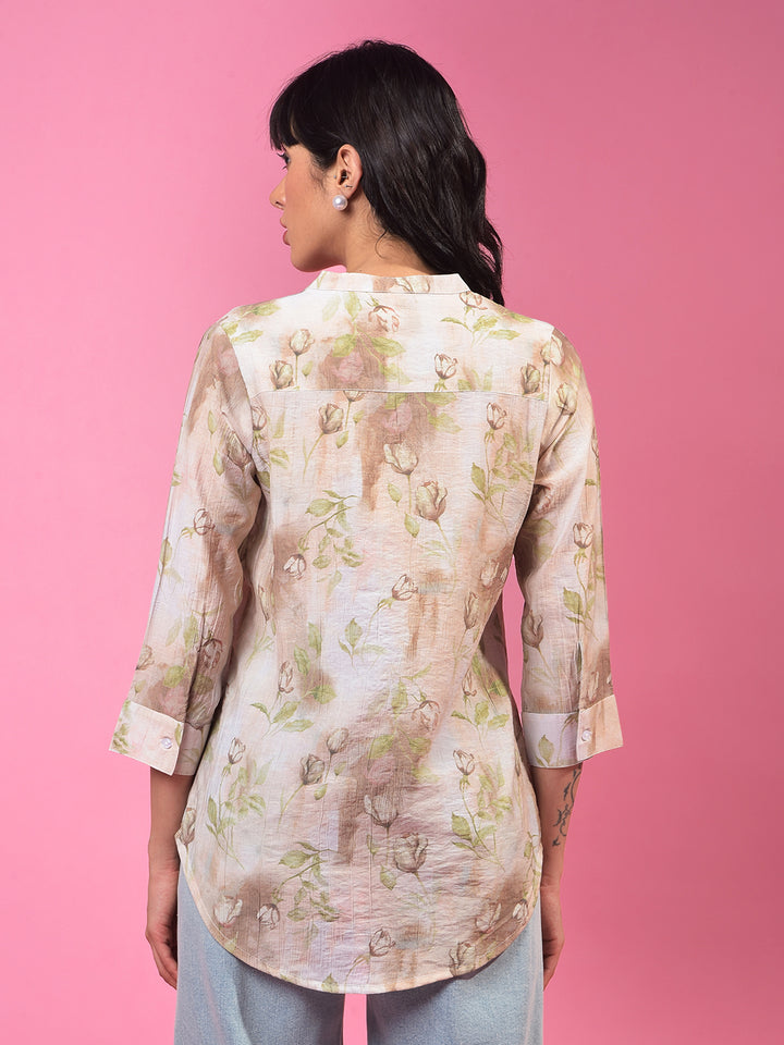 Brown Floral Print V-Neck 3/4th Sleeves Top-Women Tops-Crimsoune Club