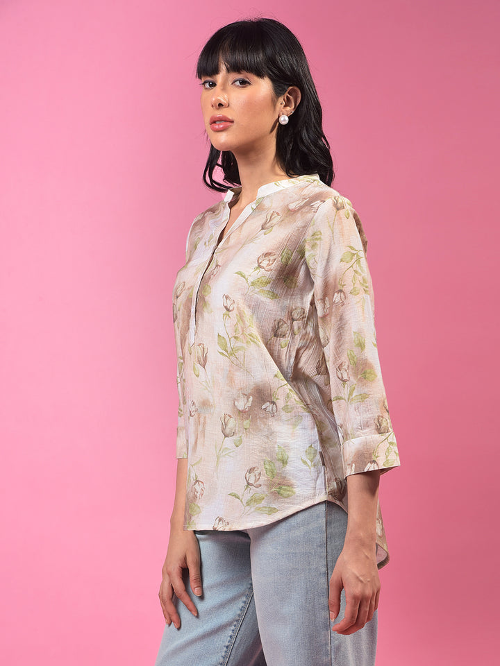 Brown Floral Print V-Neck 3/4th Sleeves Top-Women Tops-Crimsoune Club