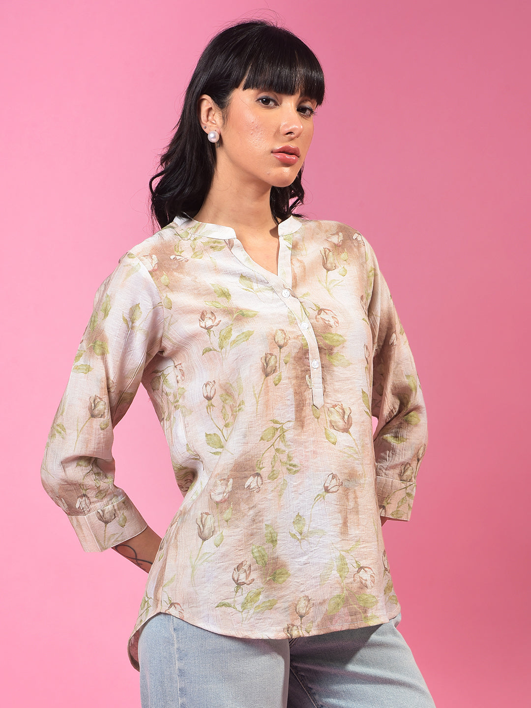 Brown Floral Print V-Neck 3/4th Sleeves Top-Women Tops-Crimsoune Club