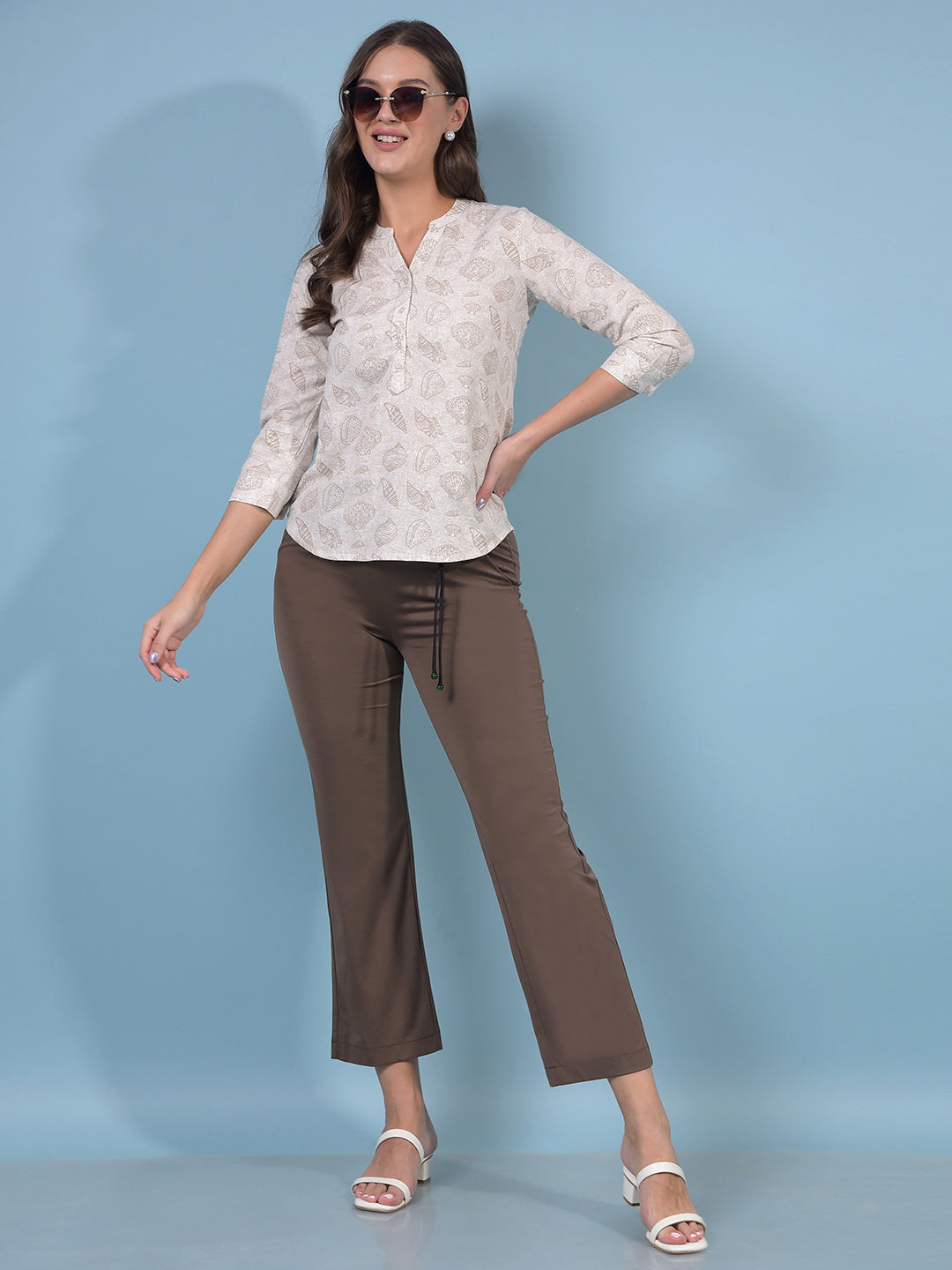 Women's Beige Printed V-Neck Linen Top-Women Tops-Crimsoune Club