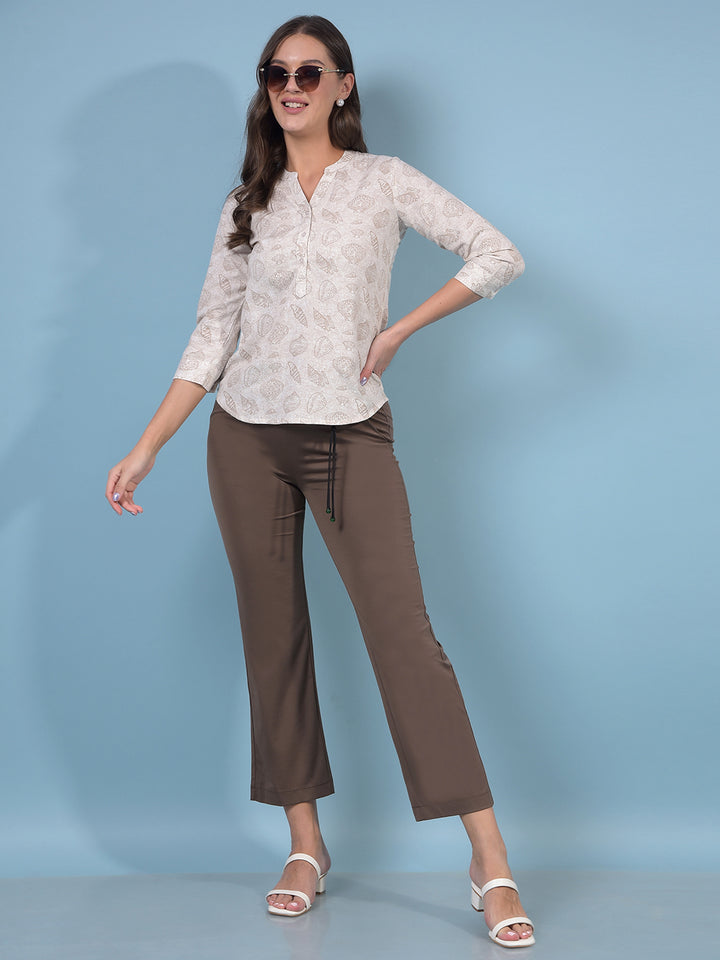 Women's Beige Printed V-Neck Linen Top-Women Tops-Crimsoune Club