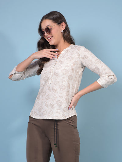 Women's Beige Printed V-Neck Linen Top-Women Tops-Crimsoune Club