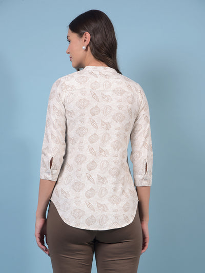 Women's Beige Printed V-Neck Linen Top-Women Tops-Crimsoune Club