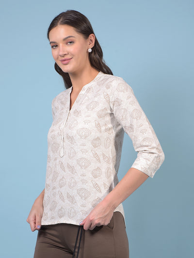 Women's Beige Printed V-Neck Linen Top-Women Tops-Crimsoune Club