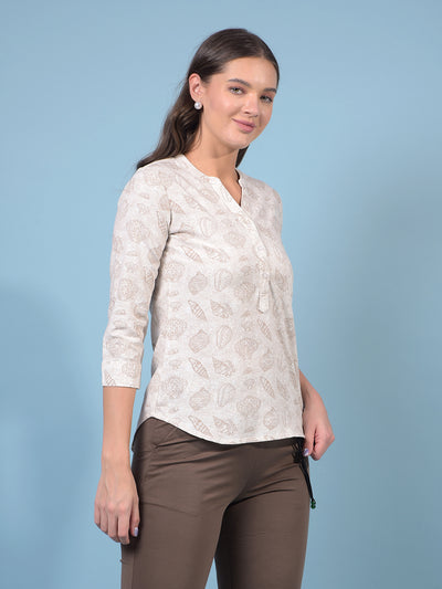 Women's Beige Printed V-Neck Linen Top-Women Tops-Crimsoune Club