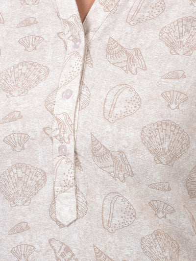 Women's Beige Printed V-Neck Linen Top-Women Tops-Crimsoune Club