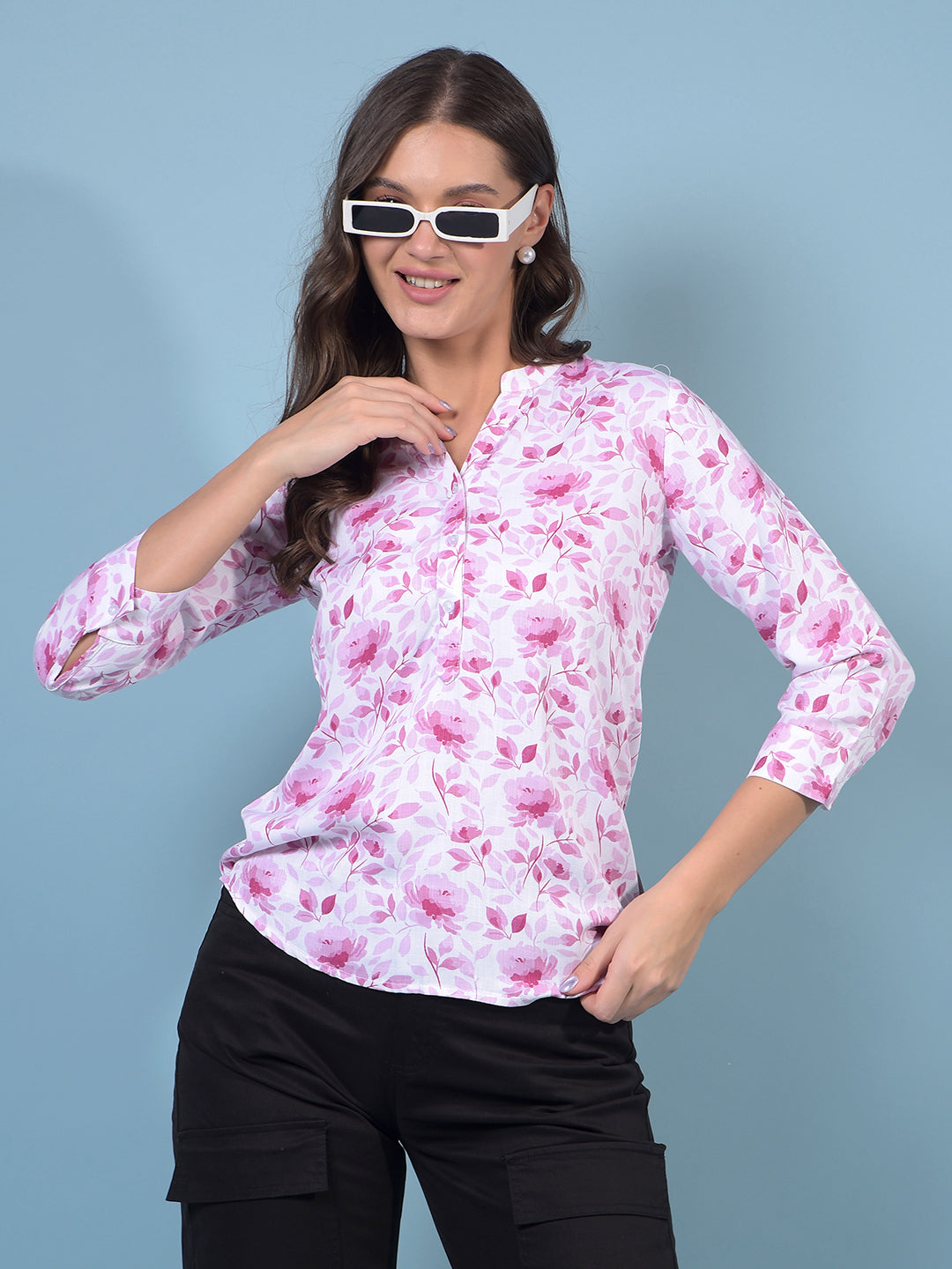 Women's Pink Floral Print V-Neck Top-Women Tops-Crimsoune Club