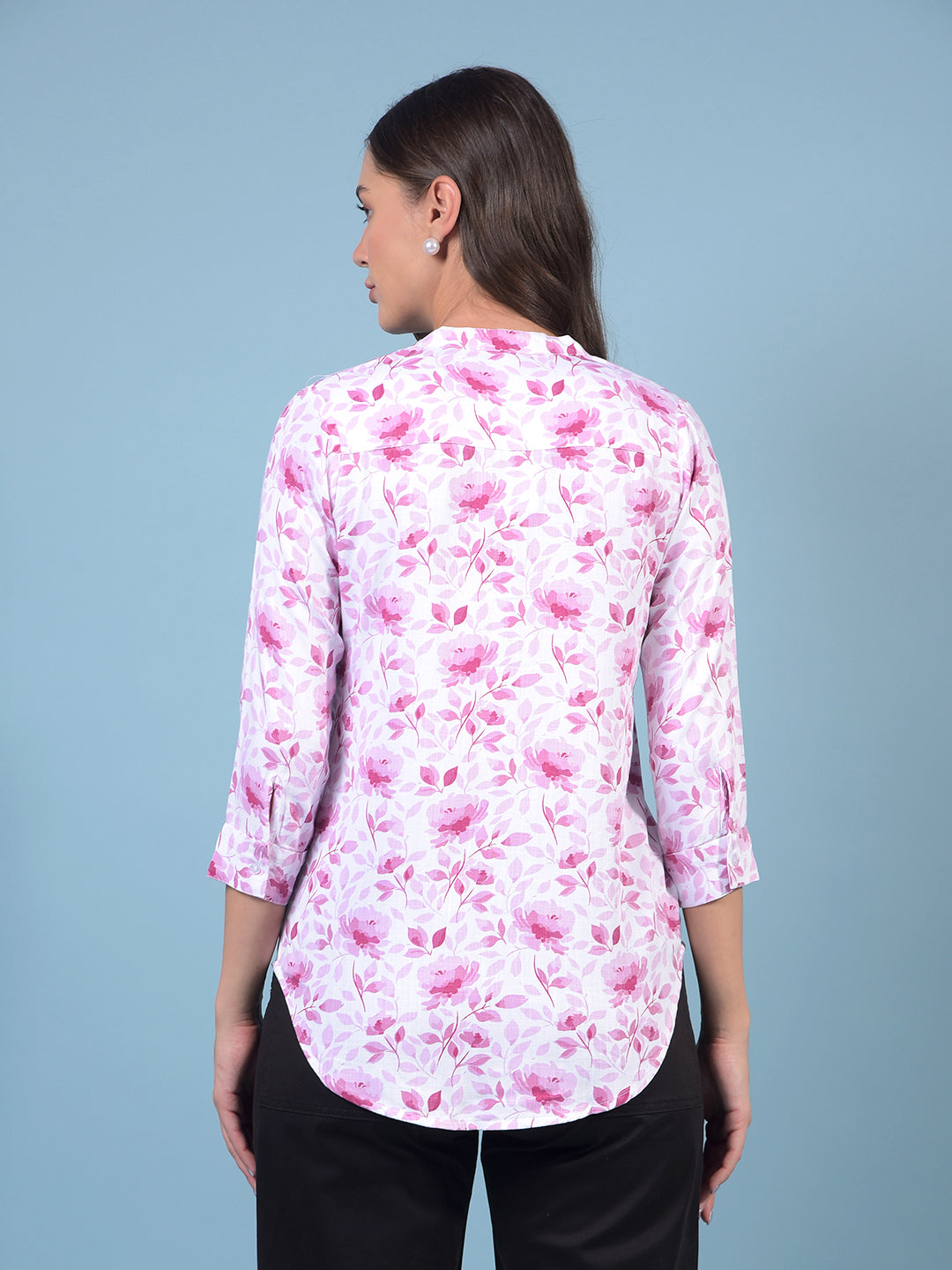 Women's Pink Floral Print V-Neck Top-Women Tops-Crimsoune Club