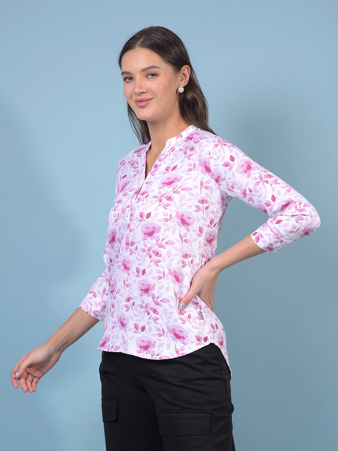 Women's Pink Floral Print V-Neck Top-Women Tops-Crimsoune Club