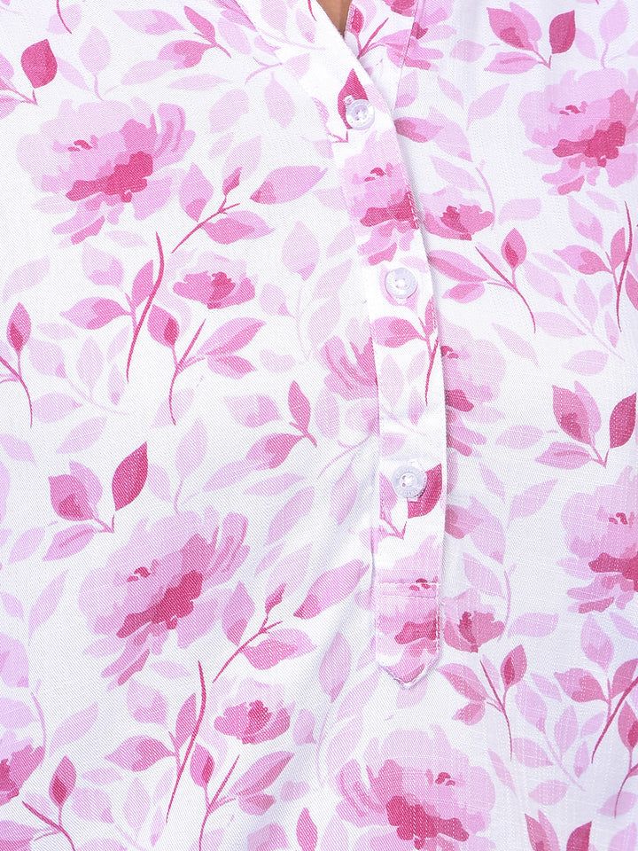 Women's Pink Floral Print V-Neck Top-Women Tops-Crimsoune Club