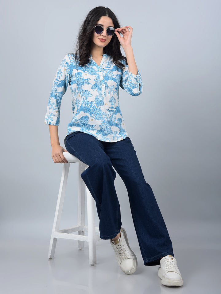 Blue Floral Print V-Neck Linen Top-Women Tops-Crimsoune Club