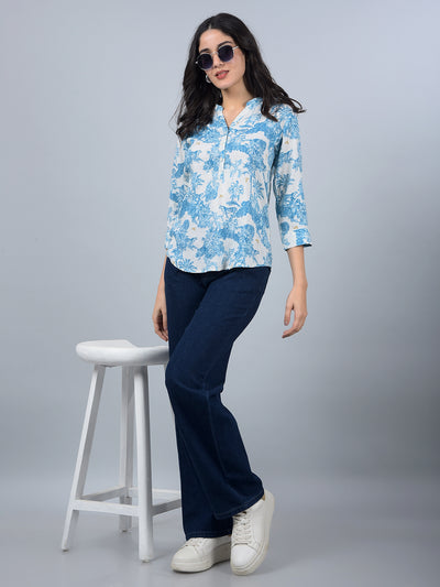 Blue Floral Print V-Neck Linen Top-Women Tops-Crimsoune Club