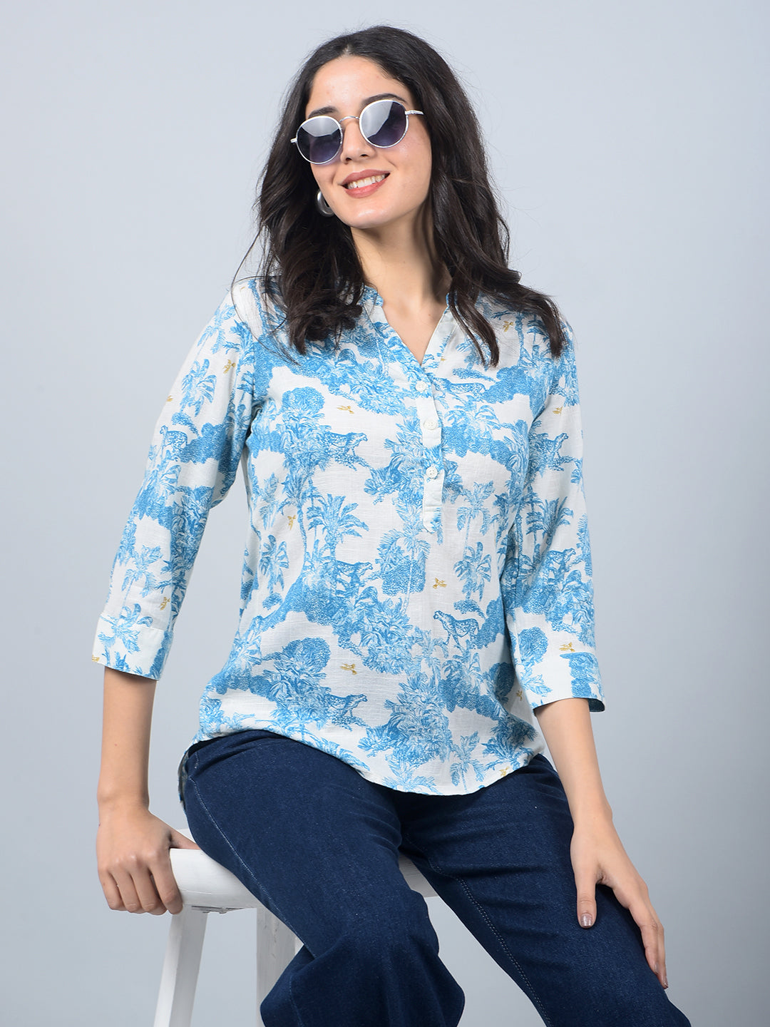 Blue Floral Print V-Neck Linen Top-Women Tops-Crimsoune Club