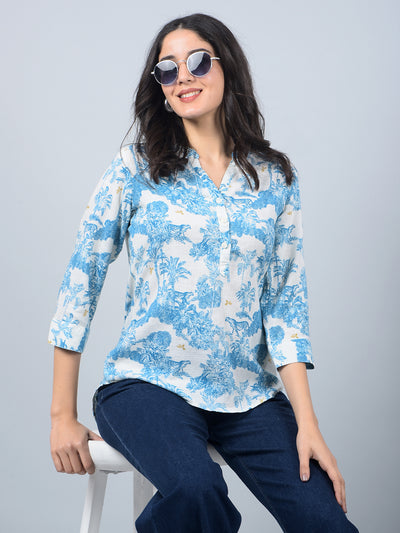 Blue Floral Print V-Neck Linen Top-Women Tops-Crimsoune Club