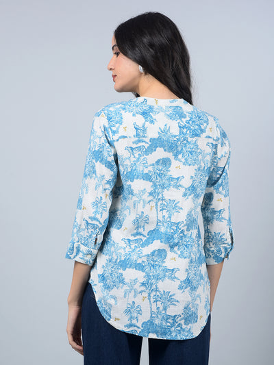 Blue Floral Print V-Neck Linen Top-Women Tops-Crimsoune Club