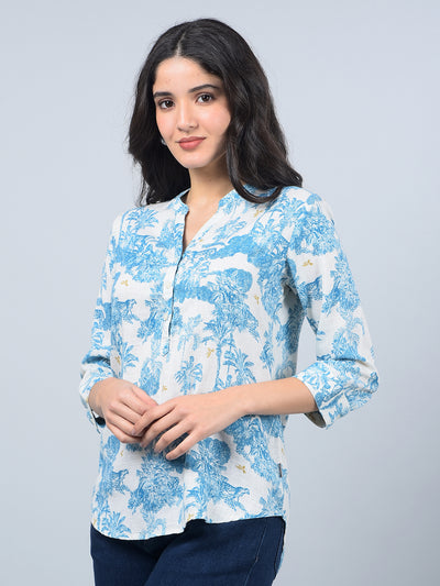 Blue Floral Print V-Neck Linen Top-Women Tops-Crimsoune Club