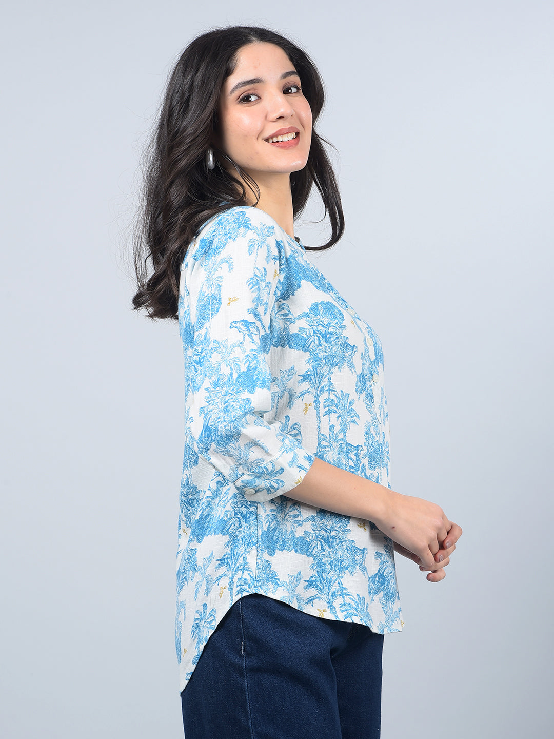 Blue Floral Print V-Neck Linen Top-Women Tops-Crimsoune Club