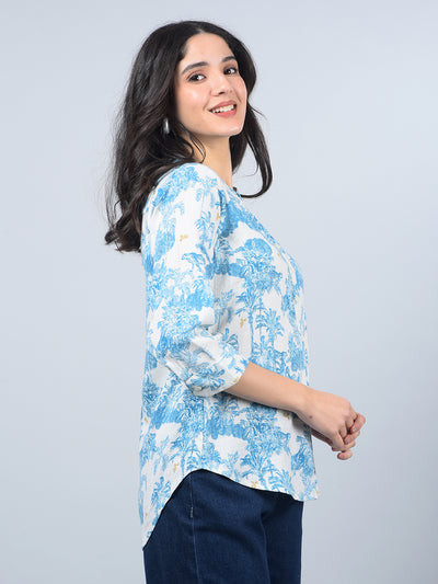 Blue Floral Print V-Neck Linen Top-Women Tops-Crimsoune Club