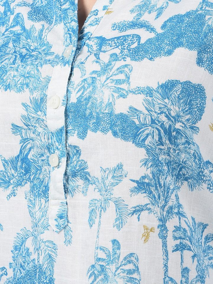 Blue Floral Print V-Neck Linen Top-Women Tops-Crimsoune Club