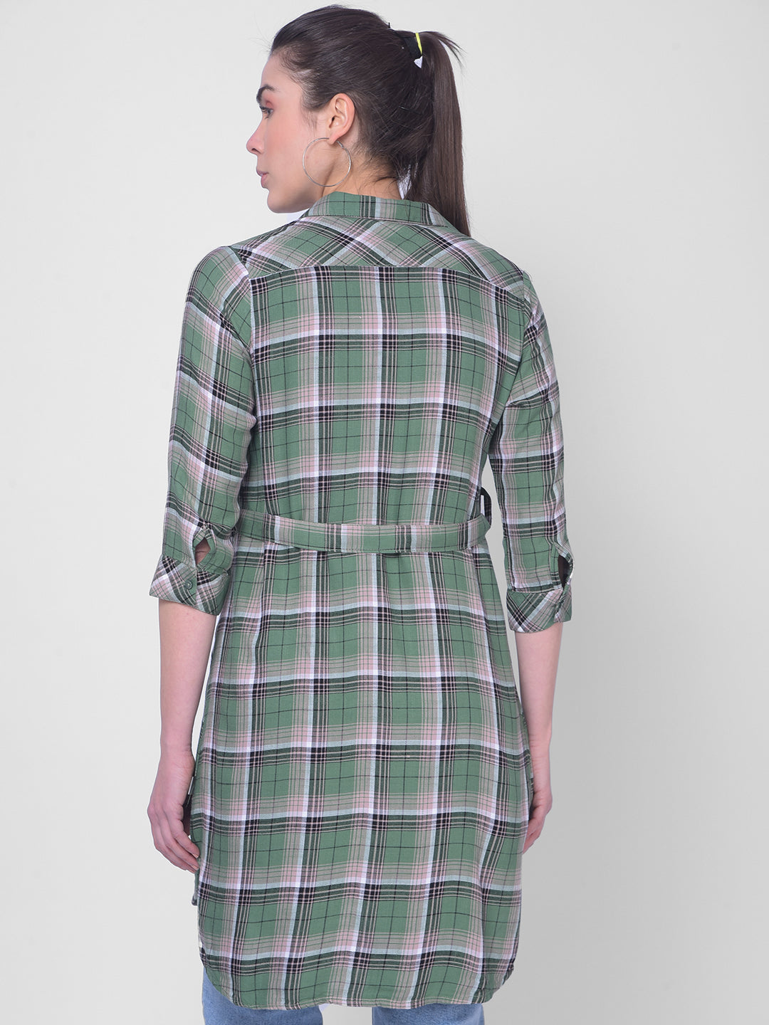 Green Checkered Shirt Dress-Women Dress-Crimsoune Club