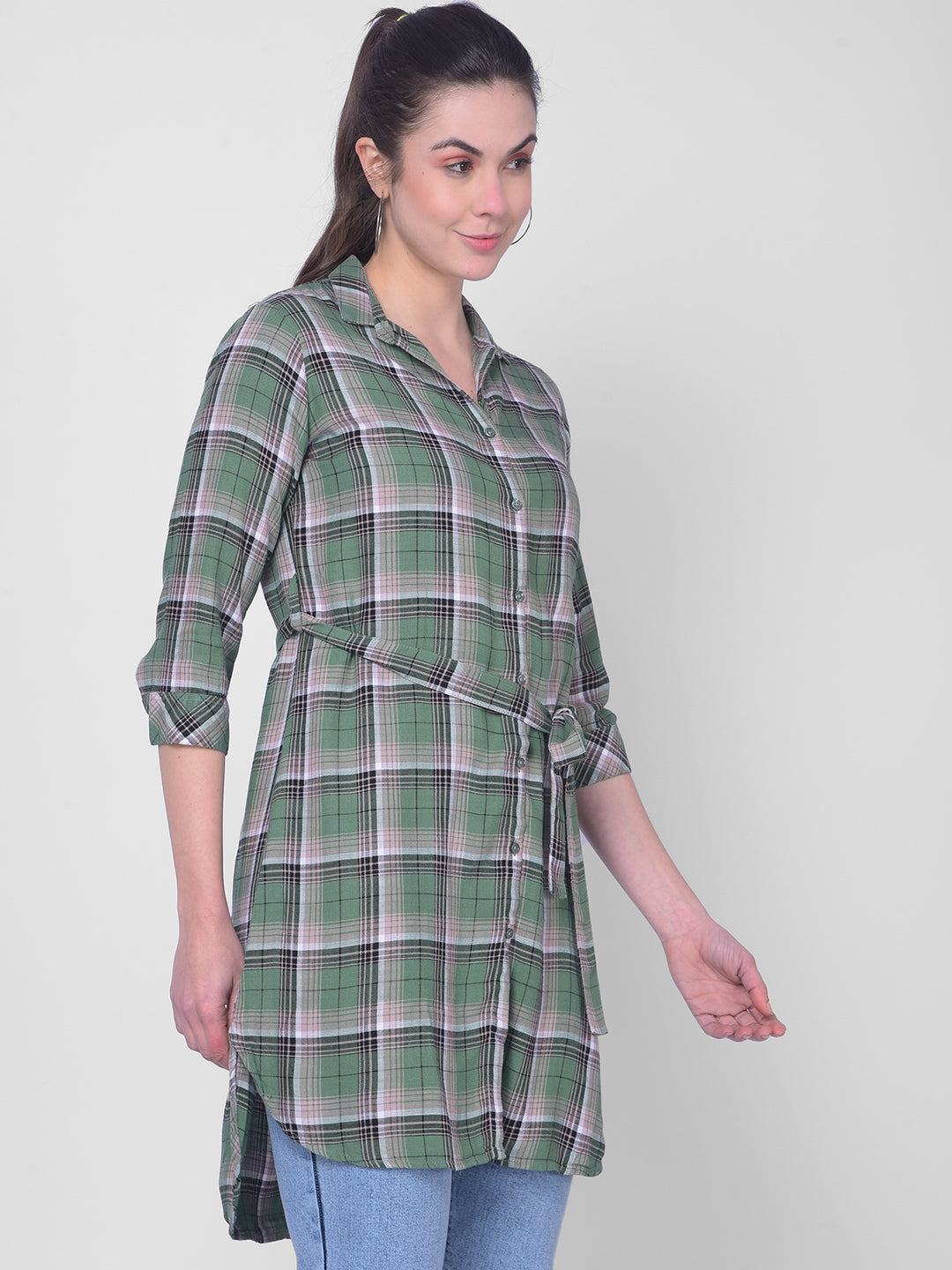 Green Checkered Shirt Dress-Women Dress-Crimsoune Club