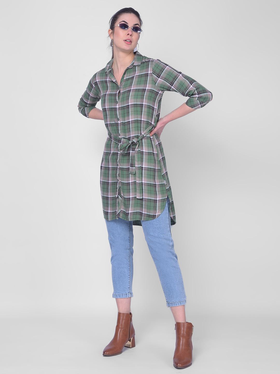 Green Checkered Shirt Dress-Women Dress-Crimsoune Club