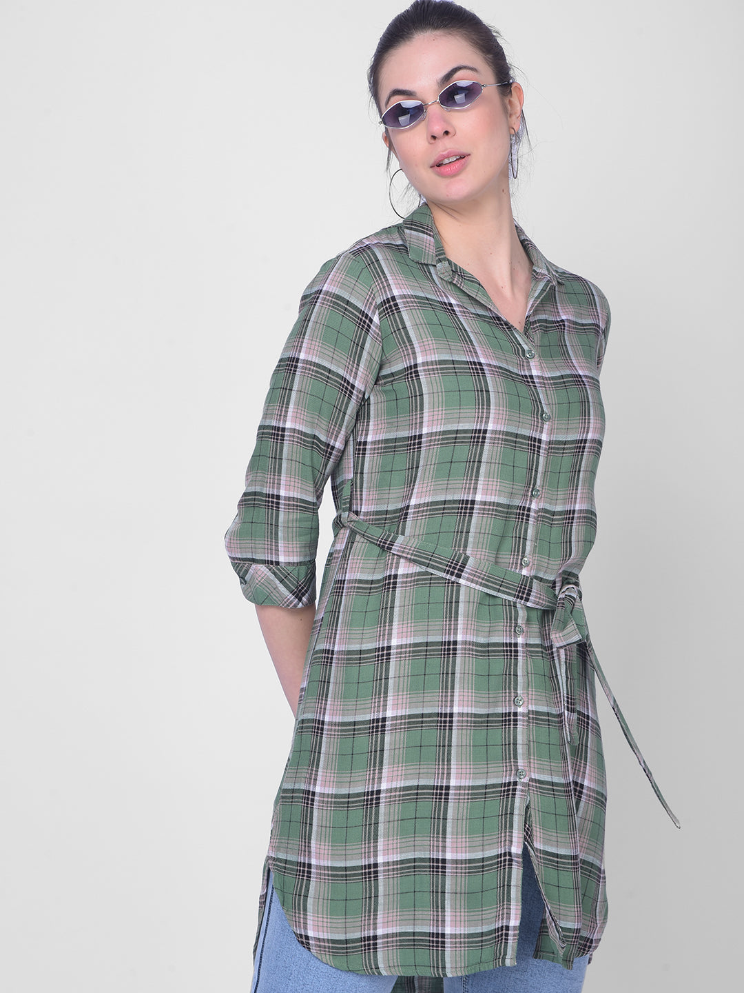 Green Checkered Shirt Dress-Women Dress-Crimsoune Club