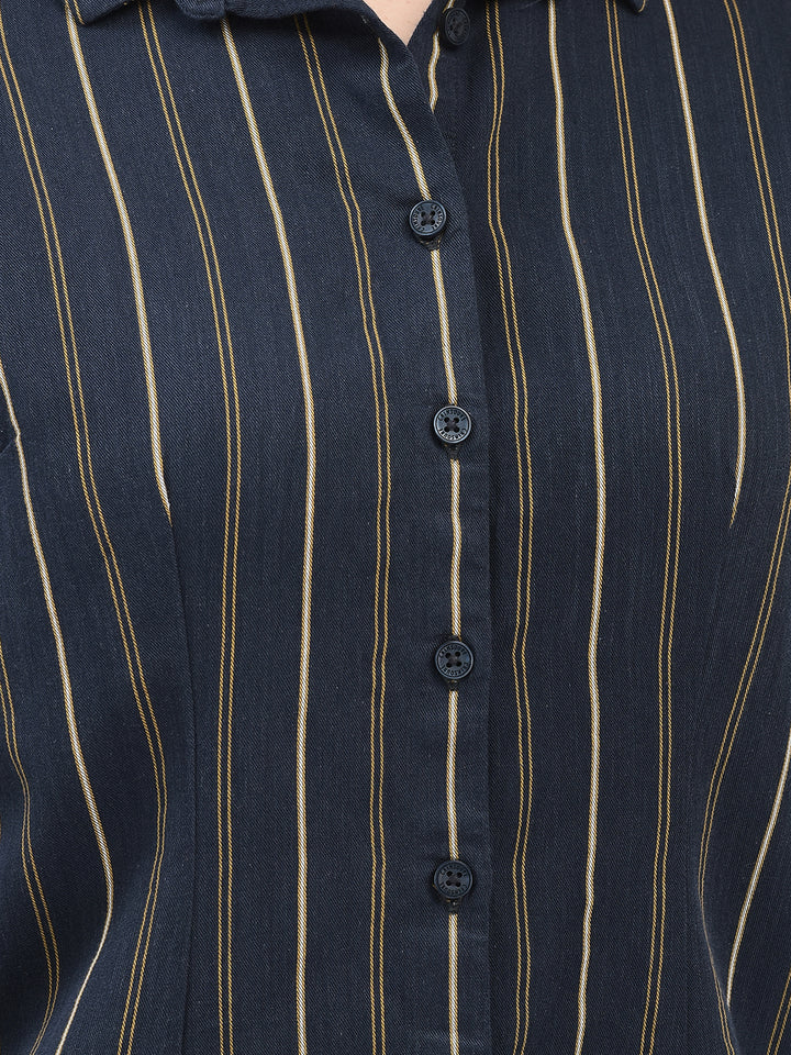 Navy Blue Striped Shirt-Women Shirts-Crimsoune Club