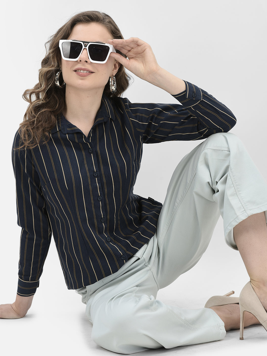 Navy Blue Striped Shirt-Women Shirts-Crimsoune Club