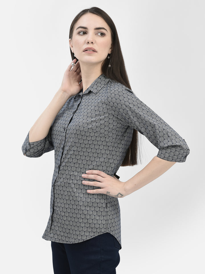 Navy Blue Printed 100% Cotton Shirt-Women Shirts-Crimsoune Club