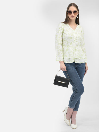 Green Linen Floral Print Shirt-Women Shirts-Crimsoune Club