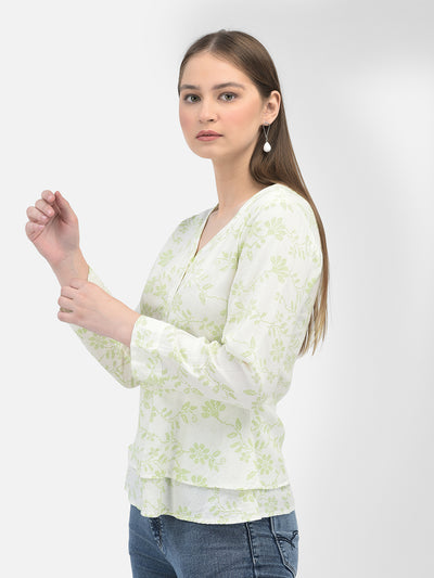 Green Linen Floral Print Shirt-Women Shirts-Crimsoune Club