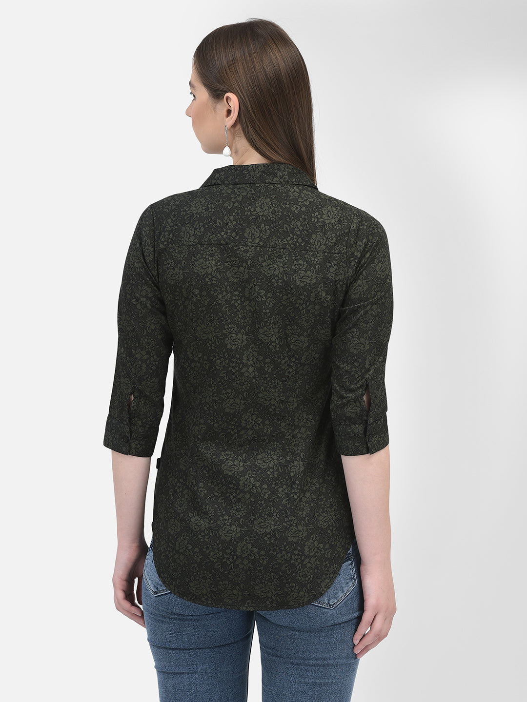 Floral Print Olive Shirt-Women Shirts-Crimsoune Club