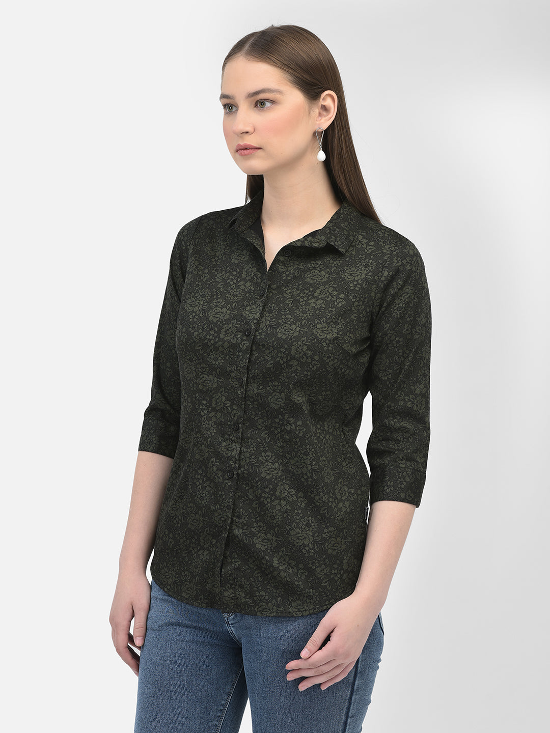 Floral Print Olive Shirt-Women Shirts-Crimsoune Club